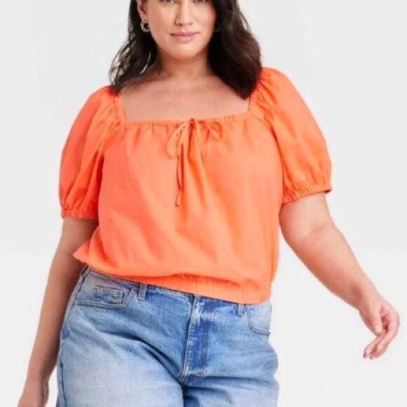 Universal Thread Womens Puff Short Sleeve Peasant Top Coral Orange 3X - Picture 1 of 8
